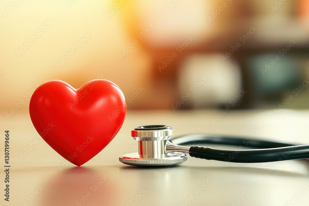 Medical diagnostic and heart health check. Heart and stethoscope on a table symbolize health and care. Medical diagnostic and heart health check. Heart and stethoscope on a table symbolize health and care.
