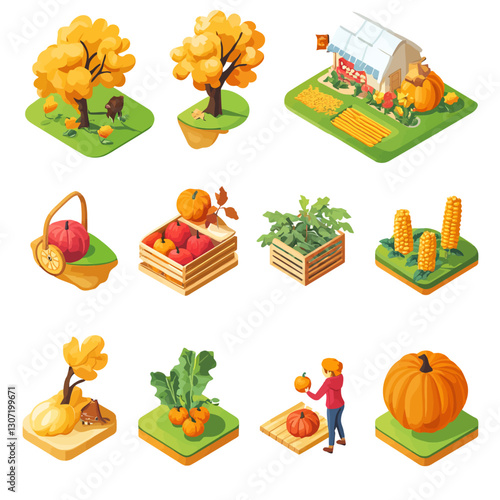 Isometric harvest crops with market greenhouse and girl holding pumpkin