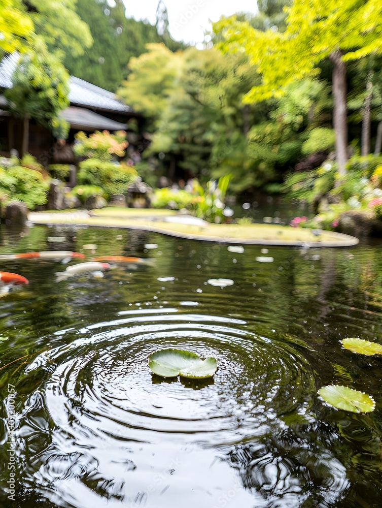 Serene Garden Reflection with Water Ripples and Lush Greenery in Japanese Style Setting Serene Garden Reflection with Water Ripples and Lush Greenery in Japanese Style Setting