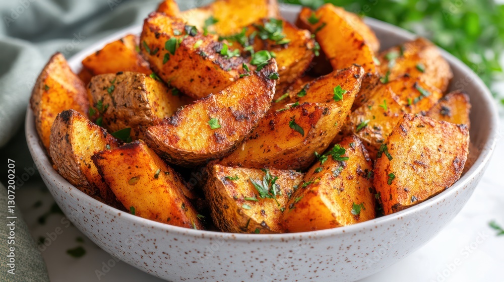 Bowl of seasoned potato wedges, garnished with parsley. Bowl of seasoned potato wedges, garnished with parsley.
