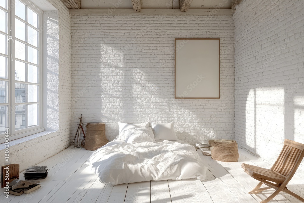 Fototapeta premium White brick room side, modern and minimalistic. AI generated illustration.