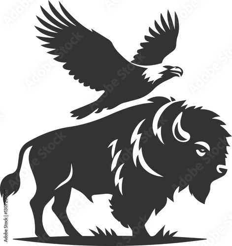 Buffalo with an eagle flying overhead animal vector silhouette