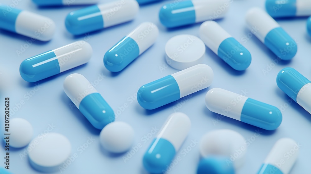 Blue and white capsules and pills on light blue surface Blue and white capsules and pills on light blue surface