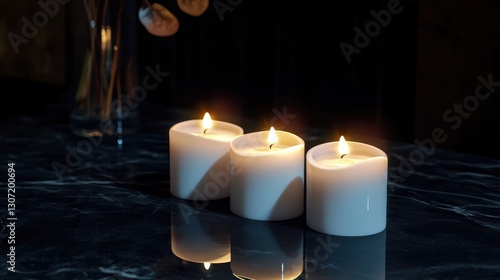 Three white candles lit on a dark marble table, creating a serene ambiance