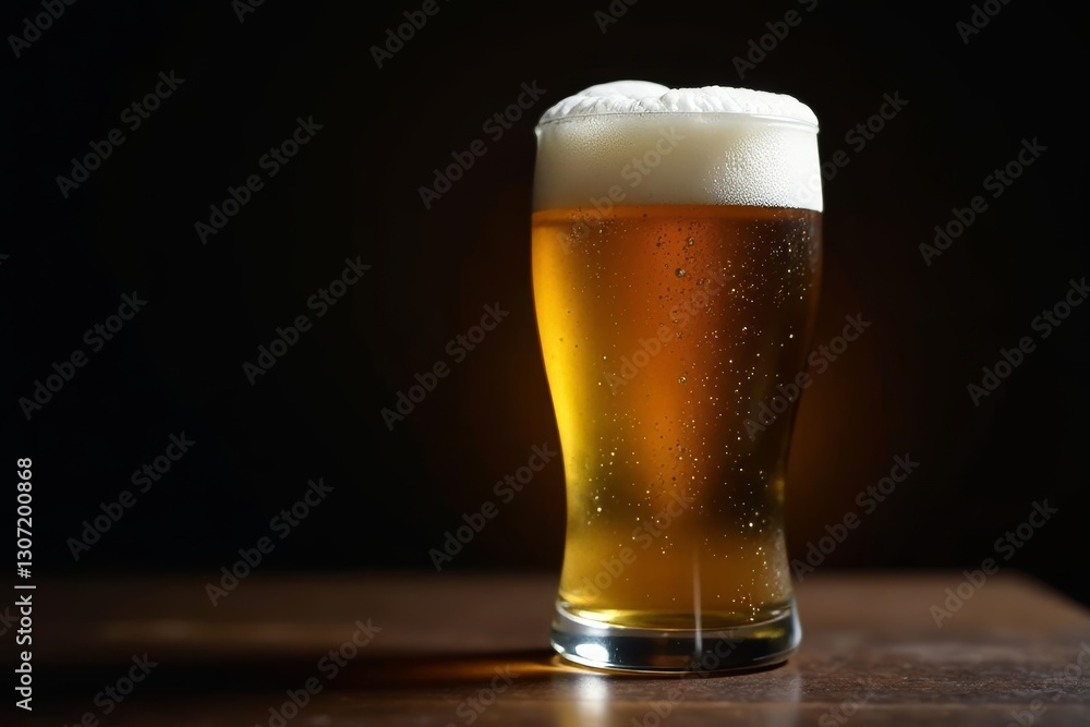 Golden beer, frothy head in clear glass Dark background , cold, head, delicious Golden beer, frothy head in clear glass Dark background , cold, head, delicious