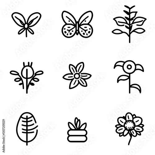 Black line art flowers and butterfly collection minimal design icons