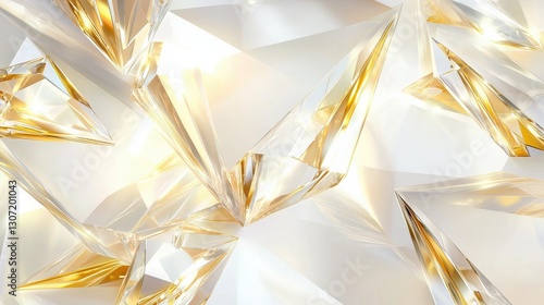 Luxurious abstract 3D render with white and gold polygonal shapes, diamond texture, and a crystal-like surface. Shiny glass reflections, bright lighting, and golden glow create an elegant and futurist
