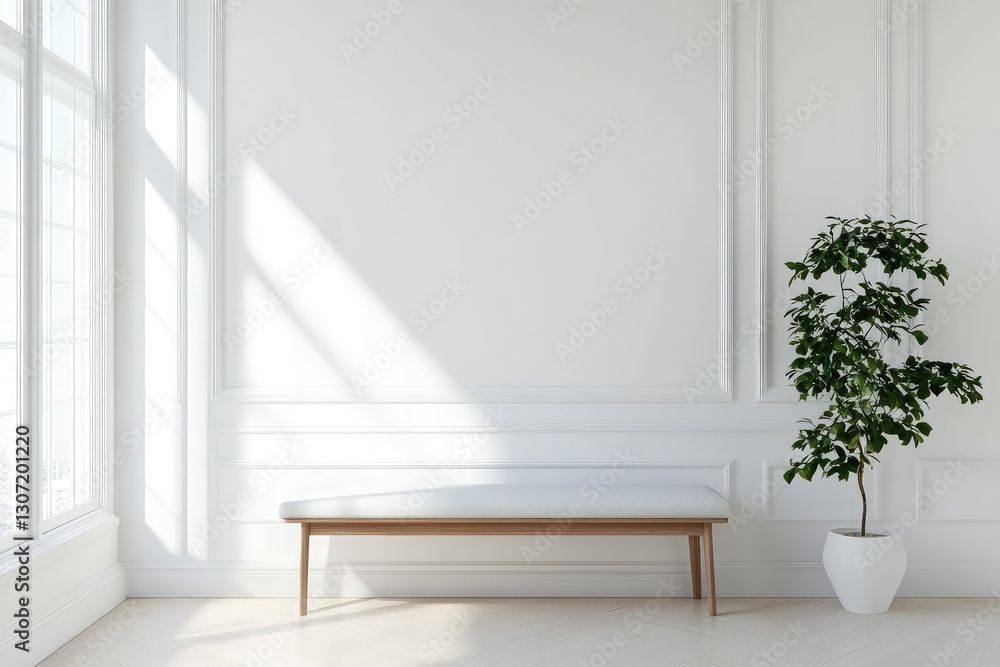 Fototapeta premium White interior with bench, minimalist. AI generated illustration.