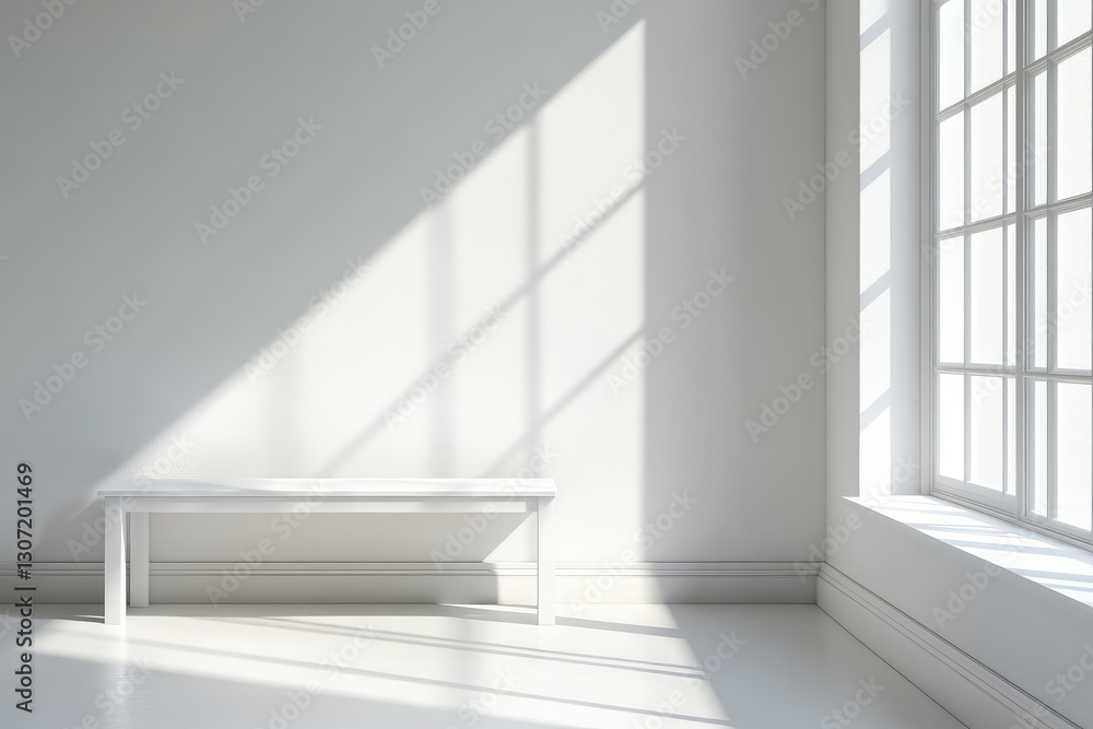 Fototapeta premium White interior with bench, minimalist. AI generated illustration.