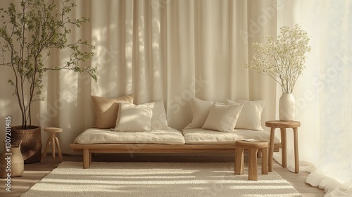 A cozy, beige shaggy rug graces the wooden floor, featuring a textured light brown weave with delicate patterns, inviting comfort and warmth photo