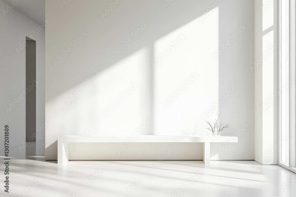 Fototapeta premium White interior with bench, minimalist. AI generated illustration.