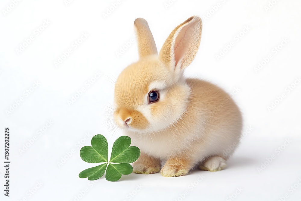 Obraz premium Cute baby bunny with a clover leaf on solid white background.