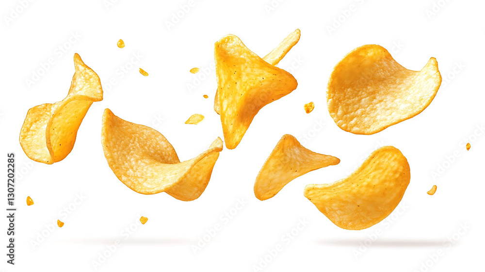 otato chips flying isolated on white background with clipping path for food-related projects. otato chips flying isolated on white background with clipping path for food-related projects.