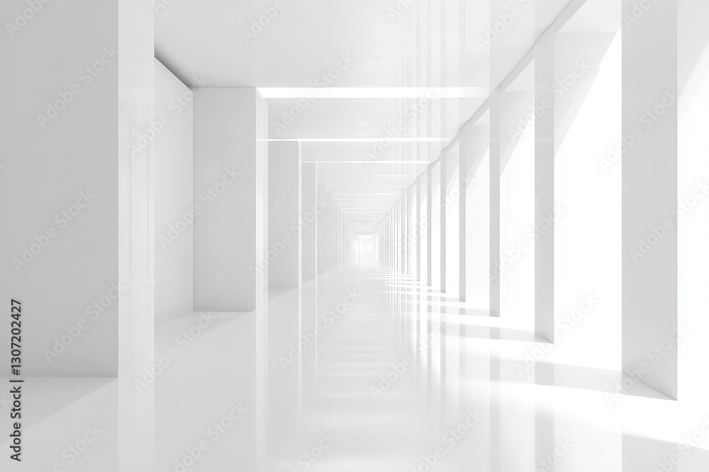 Fototapeta premium White interior with long corridor in modern space. AI generated illustration.