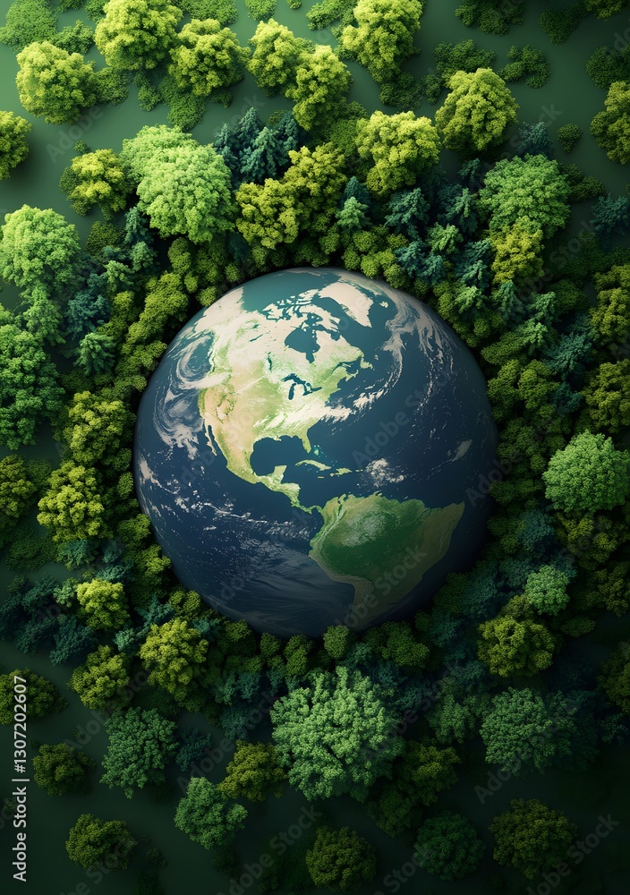 Planet Earth: Lush Forests Surround Globe, Showing Biodiversity Planet Earth: Lush Forests Surround Globe, Showing Biodiversity