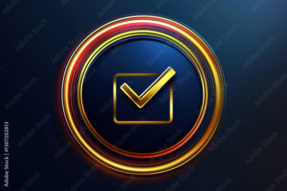 A stylized golden checkmark inside a circular design, set against a dark background, symbolizing completion or confirmation.