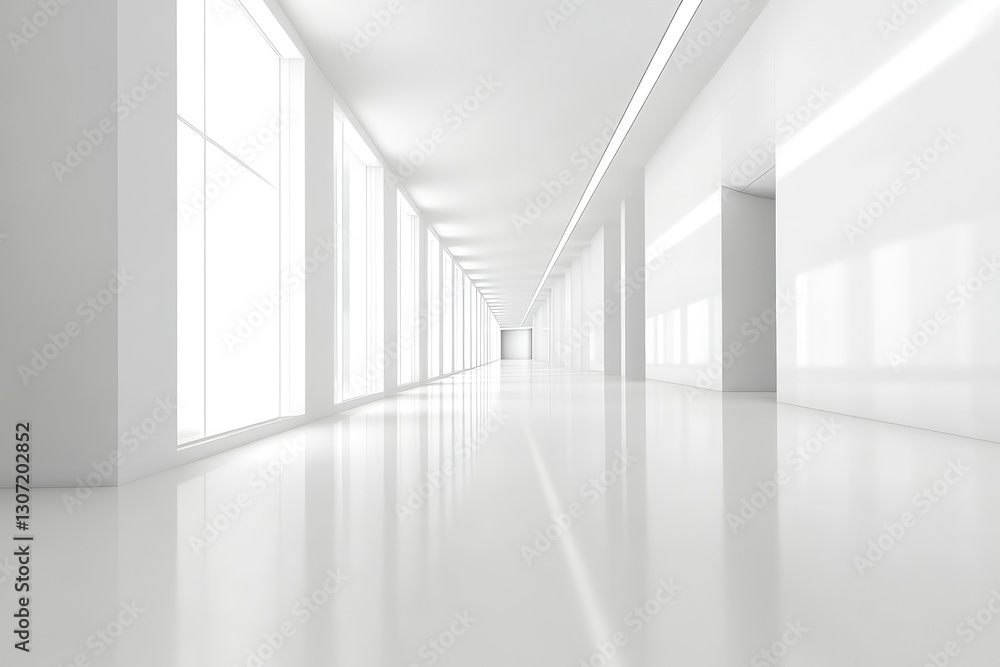 Fototapeta premium White interior with long corridor in modern space. AI generated illustration.