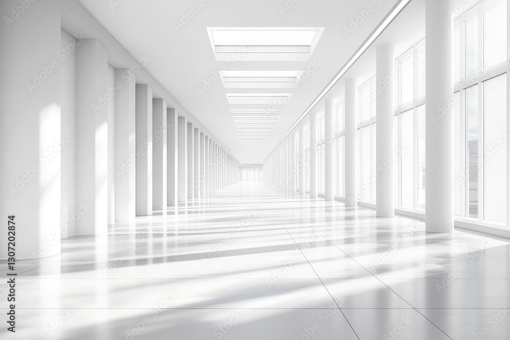 White interior with long corridor in modern space. AI generated illustration. White interior with long corridor in modern space. AI generated illustration.