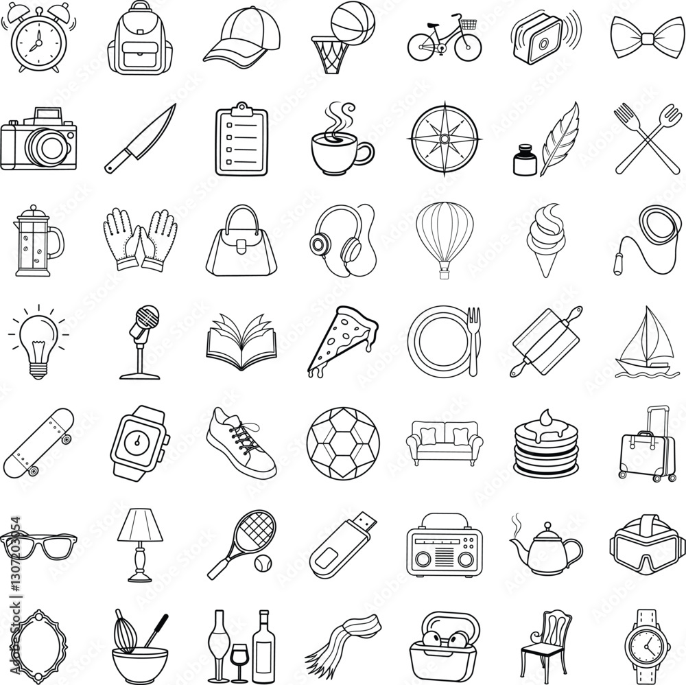 Naklejka premium Everyday Objects Icons Diverse Collection of Line Drawings