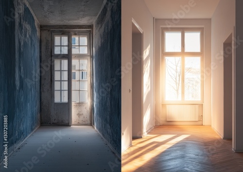 Wallpaper Mural Renovated room, before and after.  A dimly lit, dilapidated room is transformed into a bright, sun-drenched space, showcasing a complete home renovation. Torontodigital.ca