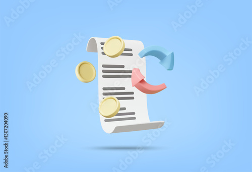 3D Vector Illustration Rendering Red-Blue Spiral Arrow Icon with Curved Invoice and Golden Coin. Money Transfer Concept. Shows Money Transfer, Invoice and Financial Transaction. For Finance, Business 