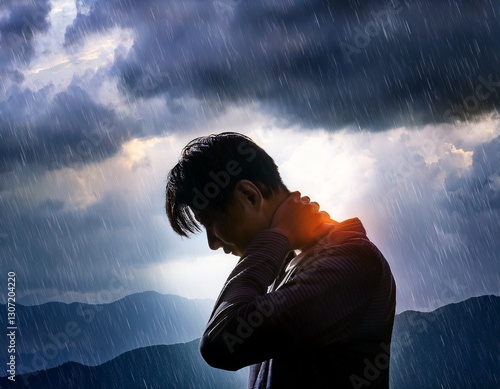 低気圧による首の痛み – 雨の日に首を押さえる男性のシルエット