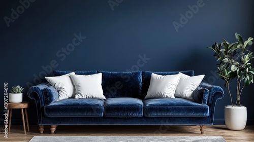 Luxurious dark blue velvet sofa with two pristine white pillows; exudes elegance as it faces left in an intimate close-up view photo