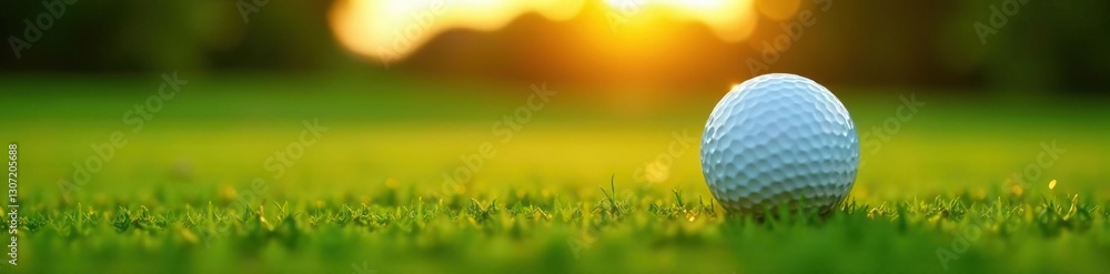 Golf ball on emerald grass with warm sunset glow, nature, golfing, serene Golf ball on emerald grass with warm sunset glow, nature, golfing, serene