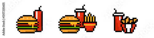 Pixel fast food set. Appetizing 8 bit hamburger and soda with french fries and chicken wings for hearty snack