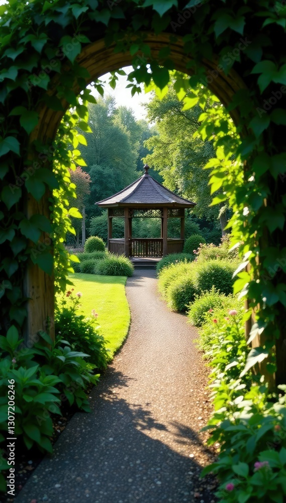 Pathway through a tranquil garden with a wooden gazebo at the end, archway, peaceful Pathway through a tranquil garden with a wooden gazebo at the end, archway, peaceful