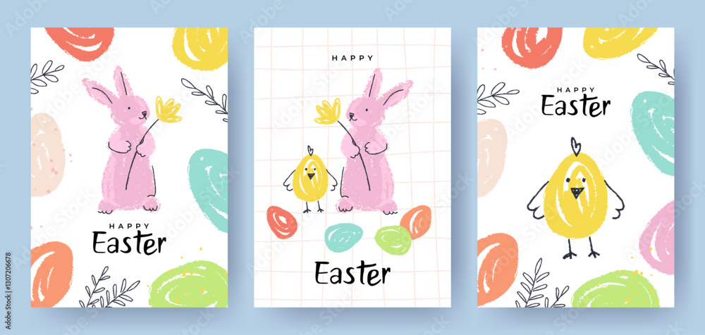 Happy Easter card collection. Trendy Easter design with typography, hand painted plants, dots, eggs, chick and bunny in pastel colors. Cute art Easter template for ads, web banner, poster, print Happy Easter card collection. Trendy Easter design with typography, hand painted plants, dots, eggs, chick and bunny in pastel colors. Cute art Easter template for ads, web banner, poster, print