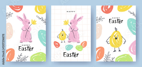 Happy Easter card collection. Trendy Easter design with typography, hand painted plants, dots, eggs, chick and bunny in pastel colors. Cute art Easter template for ads, web banner, poster, print photo