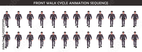 Police Officer Character walk cycle animation sequence. Front walk frame by frame animation sprite sheet.