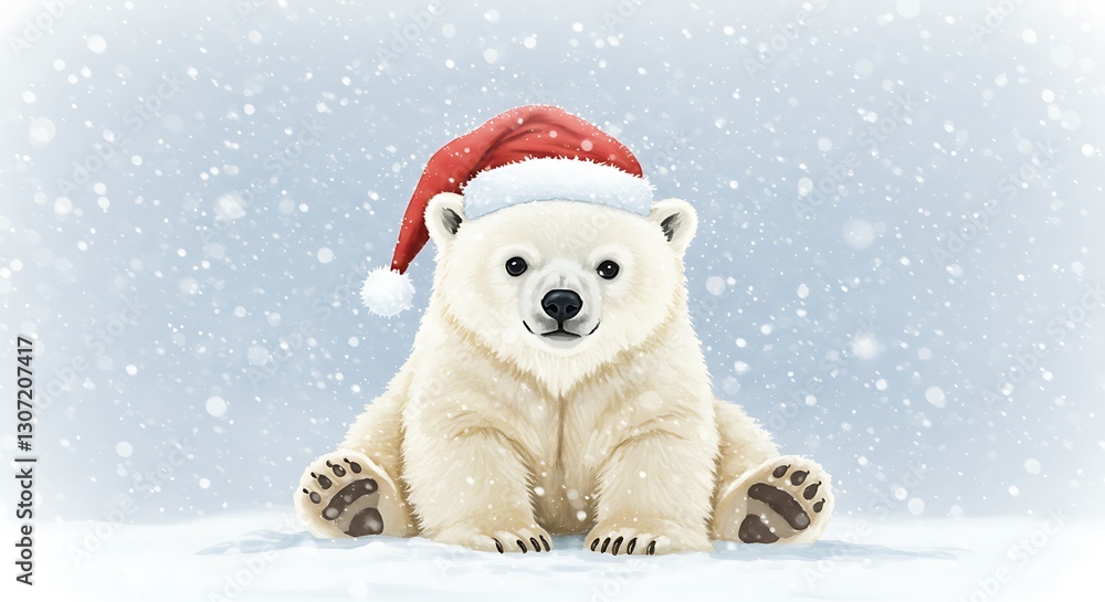 Illustration of Polar Bear Cub with Santa Hat - Christmas cheer - Holiday greeting card Illustration of Polar Bear Cub with Santa Hat - Christmas cheer - Holiday greeting card