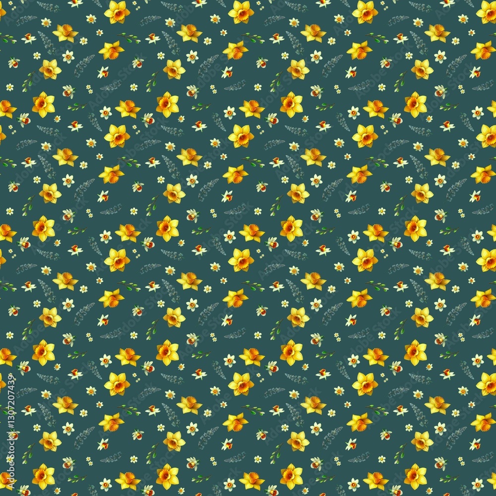 Seamless botanic pattern with narcissus and daisies on dark background Seamless botanic pattern with narcissus and daisies on dark background