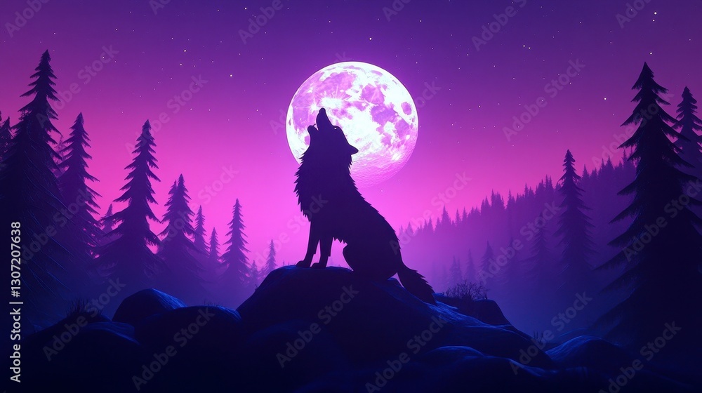 Fototapeta premium Silhouette of Howling Wolf Against a Purple and Pink Night Sky with Full Moon and Pixel Art Forest