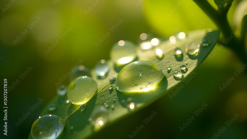 Green Leaf with Water Droplets Close-up View Green Leaf with Water Droplets Close-up View