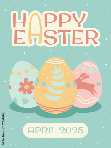 Happy Easter poster with easter eggs, springtime holiday postcard with eggs