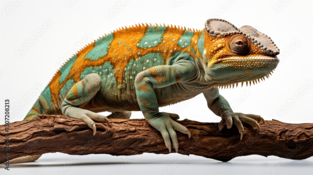 Fototapeta premium Professional image of a chameleon perched on a branch, its skin changing colors, on a seamless white background, perfect for branding, packaging, and advertising
