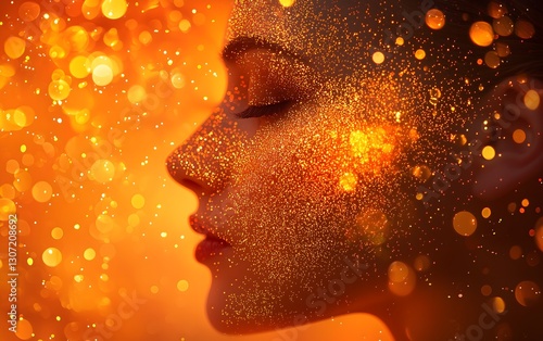 Woman's profile with golden sparkles and bokeh lights