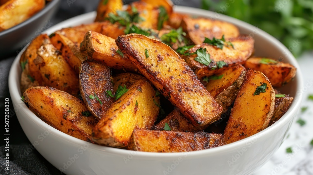 Seasoned potato wedges in a bowl, garnished with parsley. Seasoned potato wedges in a bowl, garnished with parsley.