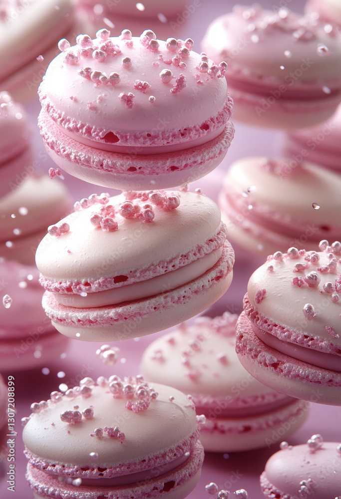 Stack brightly colored macarons rising, floating air, in bright pink hue. Sweet French sandwich cookies. Concept lightness, uniqueness Stack brightly colored macarons rising, floating air, in bright pink hue. Sweet French sandwich cookies. Concept lightness, uniqueness