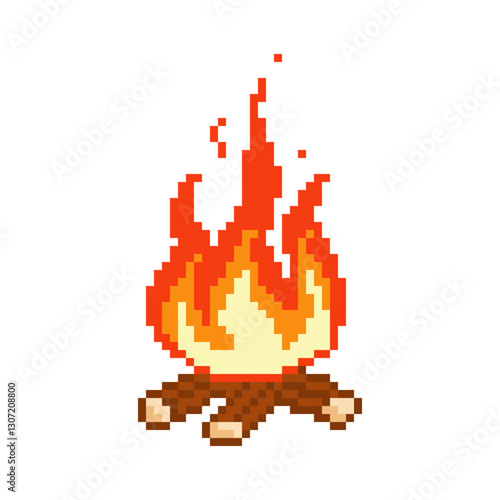 Burning pixel bonfire. Fire has flared up with warm atmosphere of picnic and relaxation after hiking trip