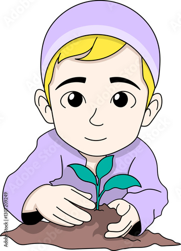 Muslim Boy Planting a Tree for World Planting Day Environmental Awareness