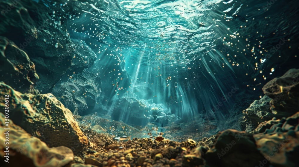 Obraz premium Subaquatic Serenity: Underwater Sunlight Beams Illuminate Rocky Depths