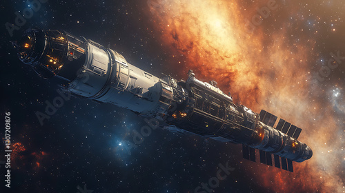 Fototapeta Naklejka Na Ścianę i Meble -  futuristic spacecraft docking to orbital space station beneath vibrant milky way galaxy stars symbolizing cosmic exploration science innovation and deep space astronomy