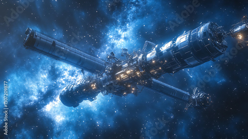 Fototapeta Naklejka Na Ścianę i Meble -  futuristic spacecraft docking to orbital space station beneath vibrant milky way galaxy stars symbolizing cosmic exploration science innovation and deep space astronomy