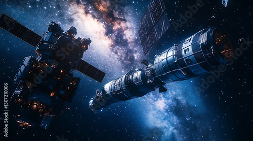 Fototapeta Naklejka Na Ścianę i Meble -  futuristic spacecraft docking to orbital space station beneath vibrant milky way galaxy stars symbolizing cosmic exploration science innovation and deep space astronomy