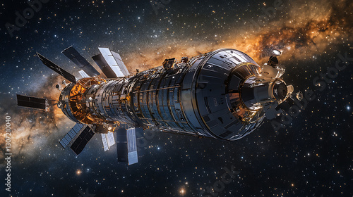 Fototapeta Naklejka Na Ścianę i Meble -  futuristic spacecraft docking to orbital space station beneath vibrant milky way galaxy stars symbolizing cosmic exploration science innovation and deep space astronomy