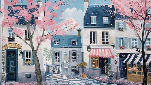 Fototapeta Naklejka Na Ścianę i Meble -  Delicate pink cherry blossom petals drifting onto cobblestone Parisian street, surrounding historic buildings with romantic springtime atmosphere